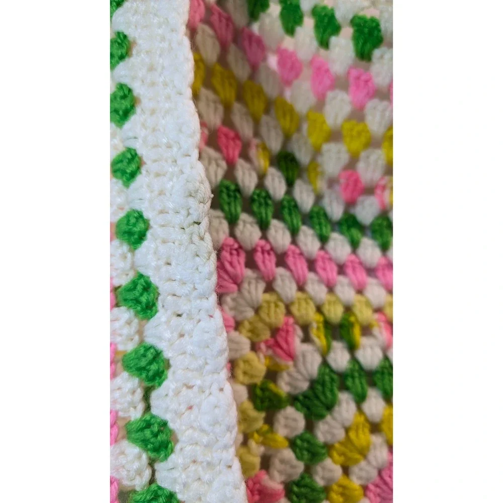 Vintage Handmade Crochet Granny Square Baby Blanket Pink Green Yellow White 29in
